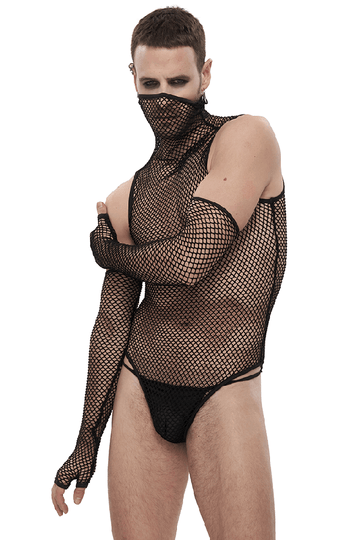 Mesh High Collar Bodysuit / Men's Sexy Bodysuit With Gloves